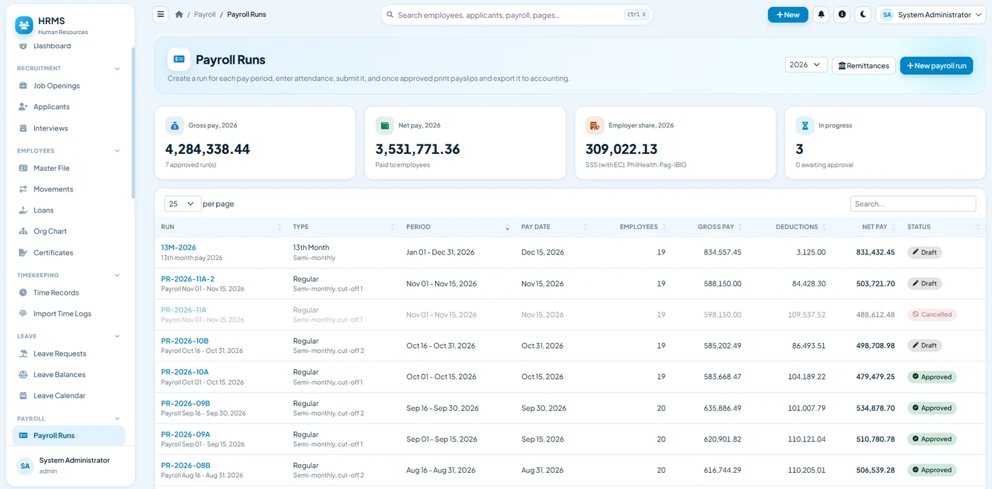 HRMS payroll runs list with gross pay, deductions, net pay and approval status